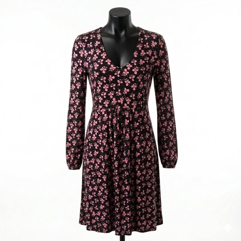 Boden Hattie Knit Dress 14L Pink Floral Puff Sleeve Midi Mod Whimsigoth